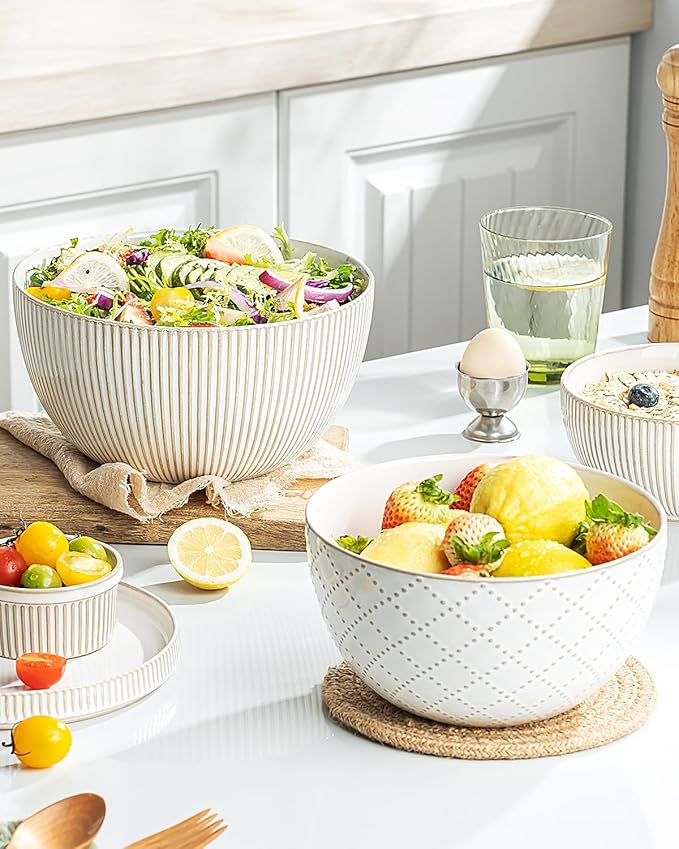getstar Deep Ceramic Mixing Bowl Set of 2, 3&1.8 Qt Large Salad Serving Bowls Vintage Nesting Mixing Bowls for Cooking, Baking, Prepping, Microwave and Dishwasher Safe