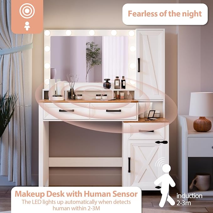 Farmhouse Makeup Vanity, Vanity Desk with Square Mirror, Tricolor Lighting Adjustment & Built-in Charging Station, Multi-Functional Wood Vanity with 2 Drawers & Open Storage Space, White