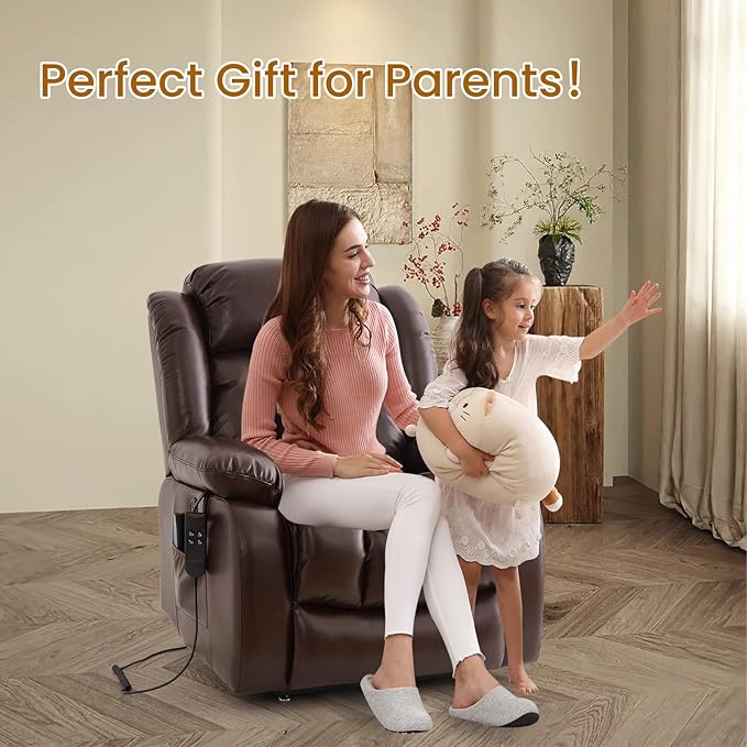 TEKAMON Dual Motor Power Lift Recliner Chair for Elderly, Breathable Leather Recliner with Heat & Massage, Lay Flat Sleeping Chairs with Infinite Position, Remote Control & USB Ports(Brown)