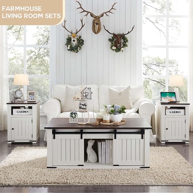 48" Lift Top Coffee Table, Farmhouse Cocktai with Sliding Groove Barn Door, Rustic Wood Center Table w/Double Storage Spaces for Living Room, White
