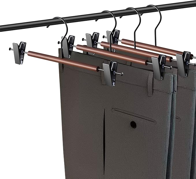 Wooden Pants Hangers with Clips 20 Pack Adjustable Wood Skirt Hangers for Women Space Saving Clothes Hanger Jeans Trousers Hanger for Closet Non Slip,Brown