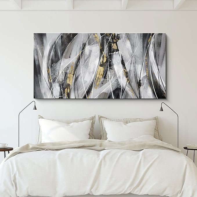 KLAKLA Black Wall Art for Living Room - Large Wall Decor Gold White Gray Abstracr Canvas Wall Art - Bedroom Art Painting Picture Artwork for Wall