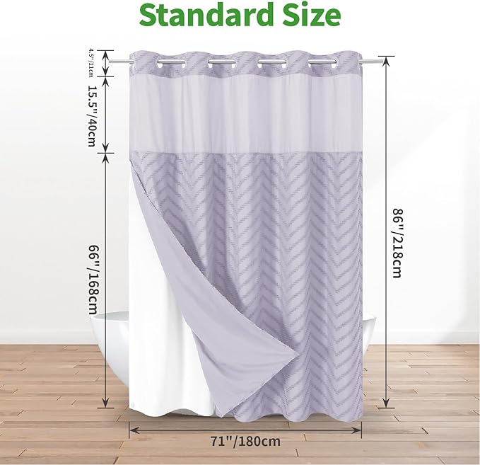 Extra Long No Hook Boho Farmhouse Shower Curtain with Snap-in Fabric Liner set-71Wx86H(84H),Tufted Chevron Striped Hotel Grade Cloth Shower Curtains for Bathroom,Water Repellent,Lavender