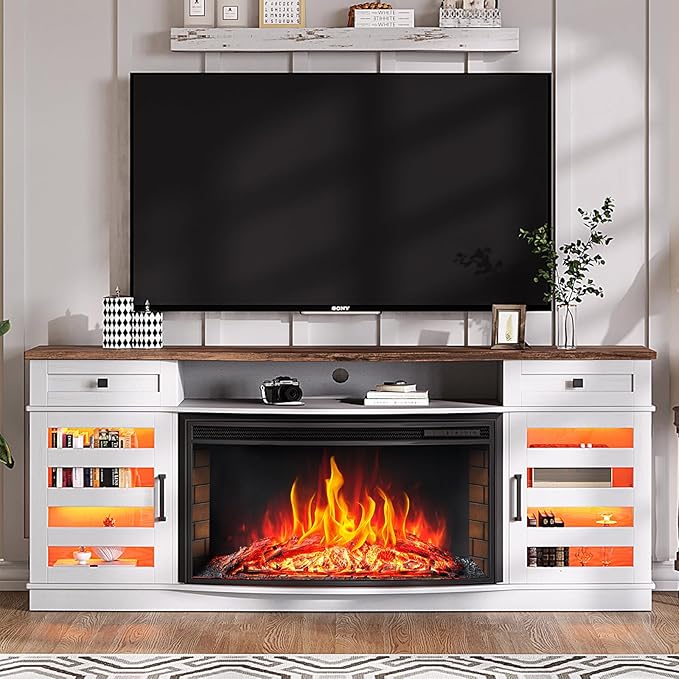 AMERLIFE 70" Farmhouse Fireplace TV Stand with 36'' Curved Electric Fireplace, LED Media Console with 2 Drawers & Adjustable Shelves, Fits 80'' TVs, White+Barnwood