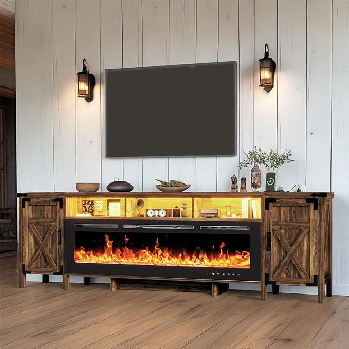 94.5" Fireplace TV Stand for TVs Up to 100", Farmhouse Entertainment Center with 60" Electric Fireplace & LED Lights, Large TV Console for Living Room, Barn Door Cabinet & Open Shelf, Brown