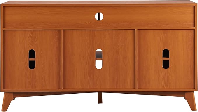 OKD TV Stand for 65+ Inch TV, 32'' Tall Highboy Entertainment Center, Mid Century Modern Media TV Console with Natural Rattan Door, Adjustable Shelves, Boho Television Stand, Cherry