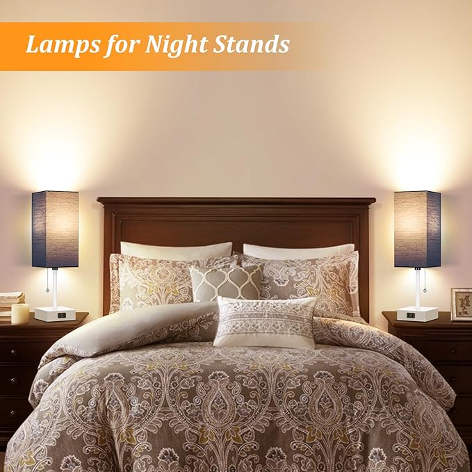 Table Lamp for Bedroom set of 2,3-Color Bedside Lamps with Pull Chain Table Lamps for Nightstand with AC Outlets,Small Night Light Lamps with 2 Bulbs Lamps for Living Room Kids Room Office Decor(Blue)
