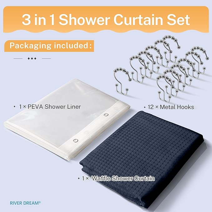 River Dream 3 in 1 Shower Curtain Set, Waffle Fabric Shower Curtain and Waterproof Clear Liner Set with Double Sided Metal Hooks, Navy Blue, 72" W*72" H