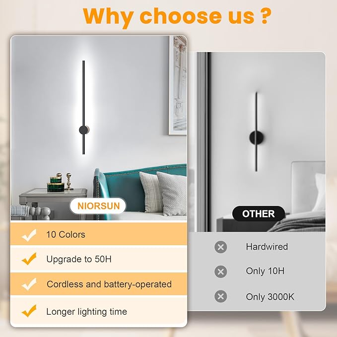 NIORSUN 24 Inch Battery Operated Wall Sconce Set of 2,Black Minimalist Rechargeable LED Wall Lights with Remote, 10 Colors Dimmable Wireless Wall Lamp for Living Room Bedroom Hallway
