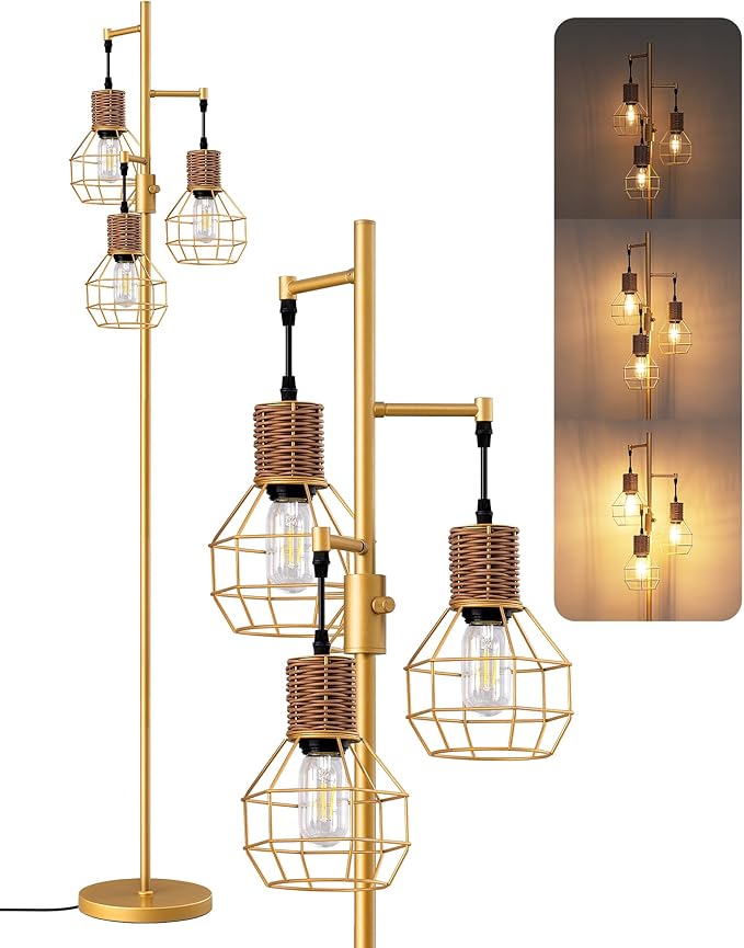 EDISHINE Dimmable Farmhouse Floor Lamp for Living Room, Industrial Standing Lamp with 3 LED Edison Bulbs, Corner Rustic Rattan Tall Tree Reading Lamps Home Decor for Bedroom, Office, Gold