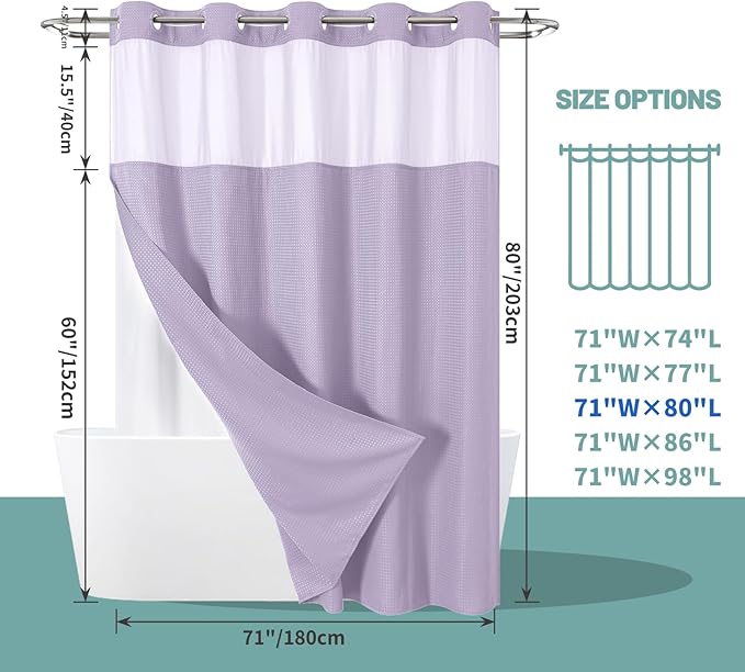 Lavender Long No Hook Waffle Weave Shower Curtain with snap-in Liner Replacement, 230GSM Waterproof Fabric Hotel Shower Curtain Set for Bathroom, Through Mesh Top Window,71Wx80H