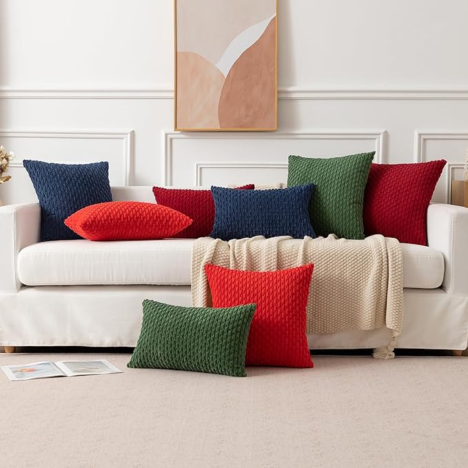 Kevin Textile Throw Pillow Cover Striped Corduroy Plush Texture Velvet Euro Cushion Cover for Bed 24 x 24 inch (60cm) Set of 2 Navy Blue