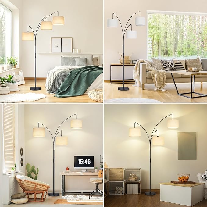 OUTON Arc LED Floor Lamp with Remote & Touch Control, Dimmable Modern Black 3 Light Arched Tall Floor Lamp, Mid Century Adjustable Standing Corner Lamps for Bedroom, Office, Living Room