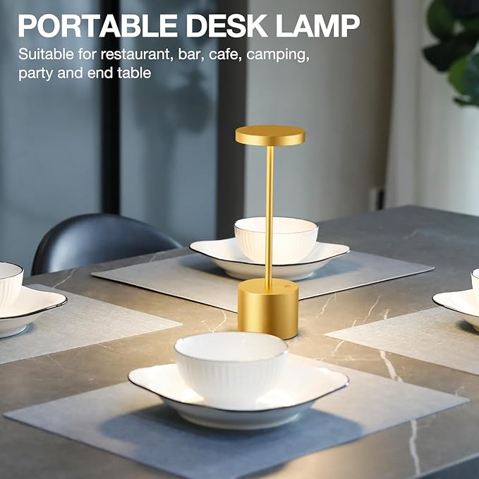 Kakanuo Cordless Lamp, Rechargeable Lamp, Touch Control, 3 Color Temperature, LED Outdoor Wireless, Battery Operated Lamps, Stepless Dimmable, Gold