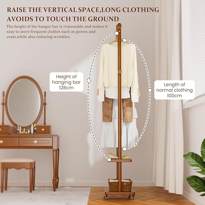 Solid Wood Coat Rack Freestanding Clothing Rack with Wheels & 2 Shelves Storage & 5 Hooks Heavy Duty Clothes Rack Wood Coat Tree Stand Hat Hanger Rack for Corner Bedroom Entryway Living Room Hotel