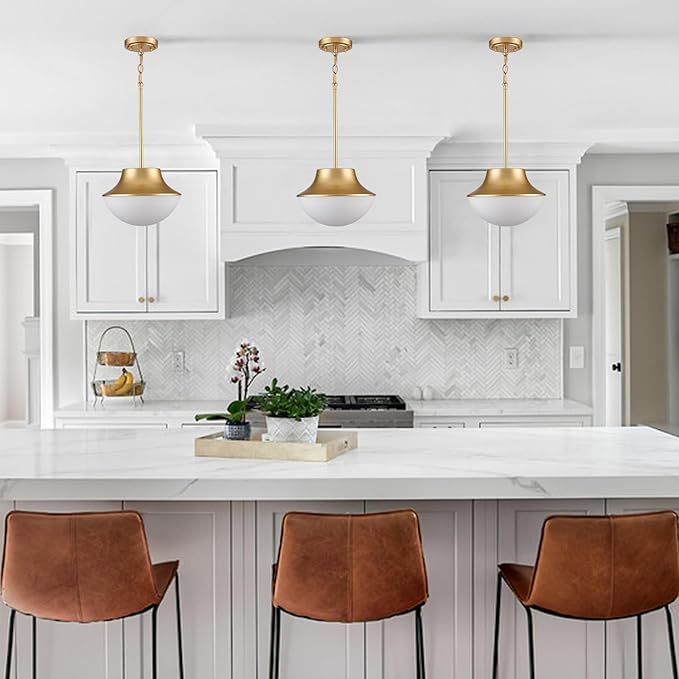 Mid Century Modern Pendant Light Fixture 11.02" Brass Gold Yellow Pendant Light Kitchen Island with Milk Glass White Bowl Shade Over Sink Bathroom Dining Room Foyer