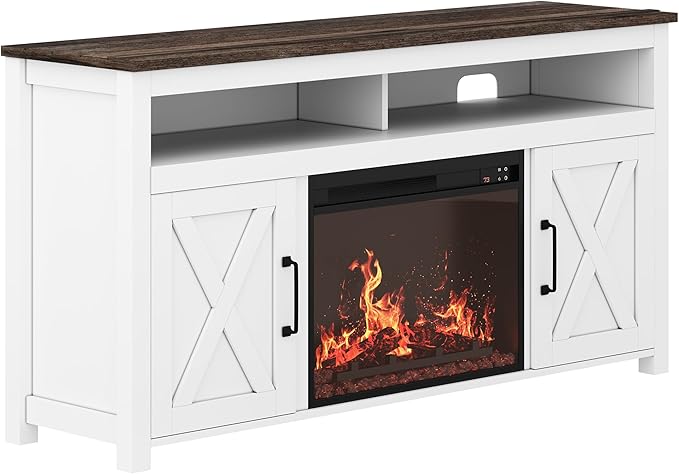 BELLEZE 58" Farmhouse Fireplace TV Stand for TVs up to 65", 23" Electric Fireplace Heater with Sound, Entertainment Center Media Console Table Barn Door Storage Cabinets for Living Room - White