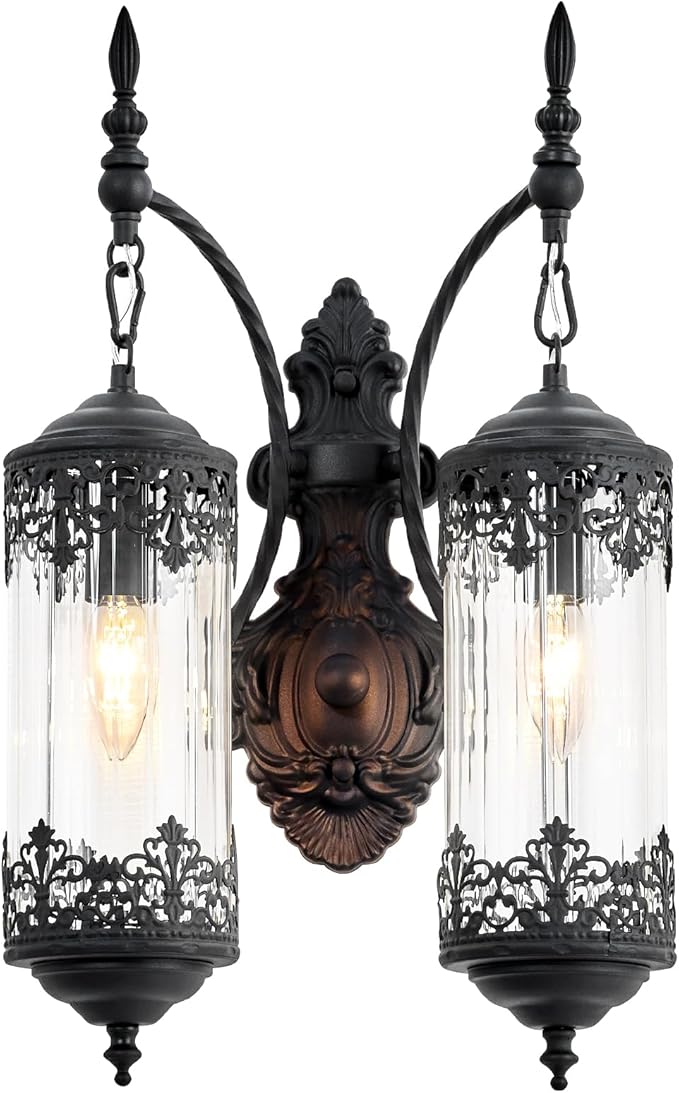 Rustic Glass Wall Sconce Vintage 2-Lights Antique Gothic Wall Light Fixture Retro Farmhouse Mid Centry Lantern Wall Sconce for Bedroom, Living Room, Mirror, Black, E12