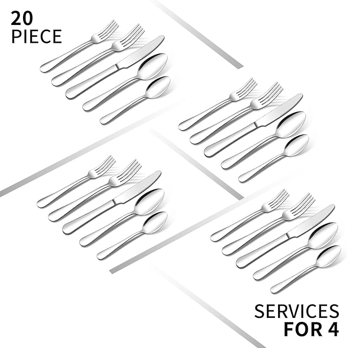 20 Piece Silverware Set, ENLOY Stainless Steel Flatware Cutlery Set, Kitchen Utensil Set Service for 4, Include Knife Fork Spoon, Mirror Polished, Dishwasher Safe