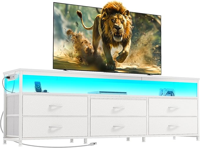 Huuger 63 Inch TV Stand for 55, 65, 70 Inch TV, Long Dresser TV Stand for Bedroom, White LED TV Stand with Power Outlets, Fabric Drawer Dresser with Storage, Entertainment Center for Living Room