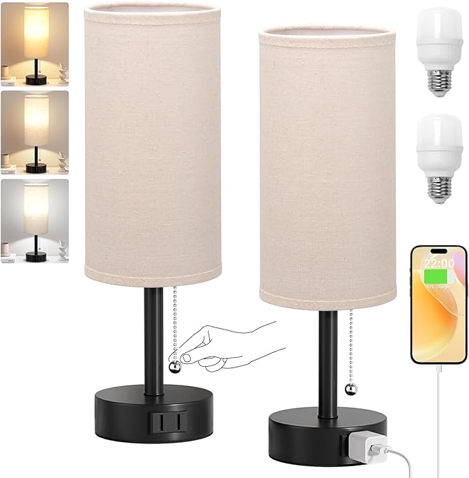 Bedside Table Lamps Set of 2-3 Color Temperatures Pull Chain Lamp with AC Outlet Charging Port, Round Night Stand Lamps for Bedroom Guest Room Office, Small Bed Side Light with E26 LED Bulbs