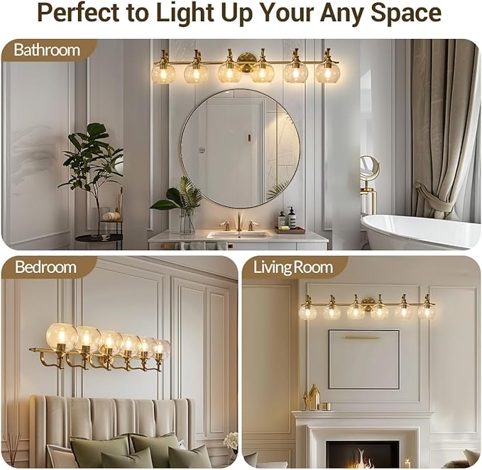 ANDY STAR 6-Light Brass Vanity Light, Large Gold Bathroom Light Fixtures, Modern Vanity Lights with Clear Globe Glass Shades, Anti-Rust Bathroom Lighting with Curved Arm for Mirror
