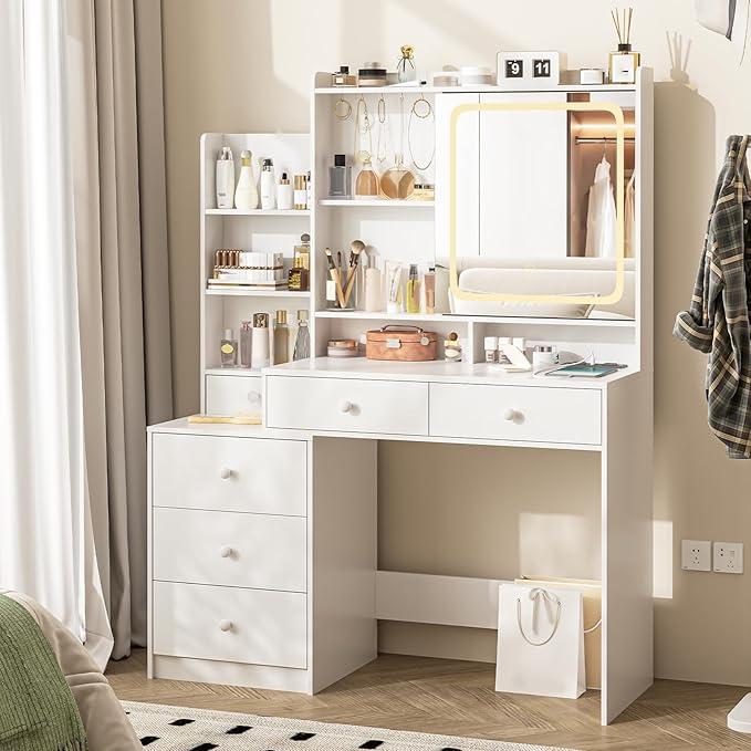 Vabches Makeup Vanity with LED Lights Mirror and Charging Station, Vanity Desk with Multiple Shelves and Drawers, Dressing Desk with 3 LED Light Models for Bedroom, White