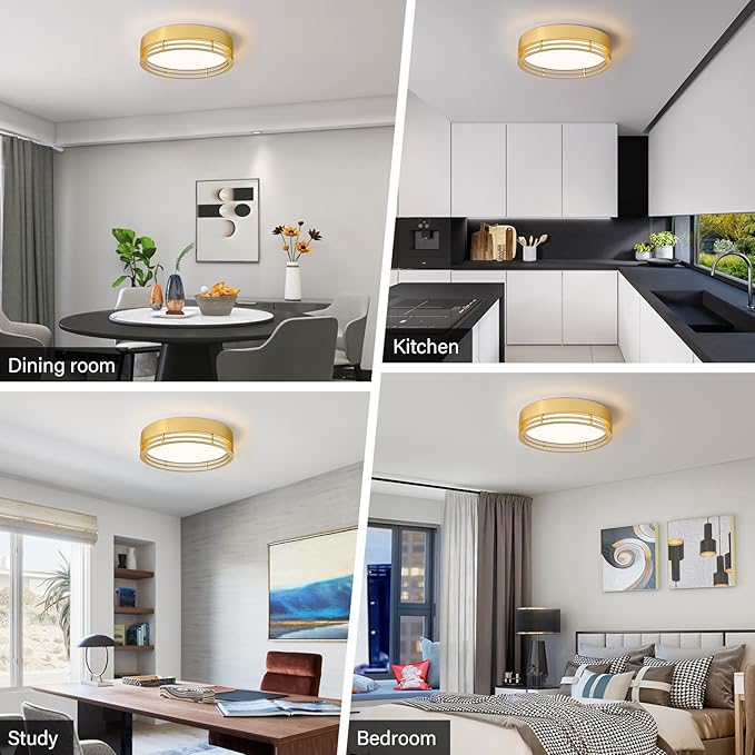 Dimmable Gold Flush Mount Ceiling Light, Modern Round LED Ceiling Lights Fixture, Kitchen Flushmount Light for Bedroom Hallway Kitchen 2700 K-6000 K 5CCT
