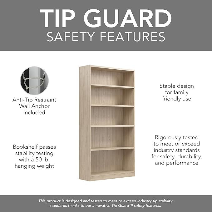 Bush Furniture Universal Tall 5 Shelf Bookcase in Natural Elm, Vertical Storage and Display Bookshelf for Home Office or Living Room Organization