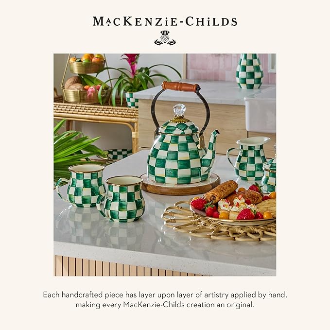 MACKENZIE-CHILDS Enamel Dinner Plate, Decorative Dinnerware Plate, 10 Inches, Green-and-White Emerald Check