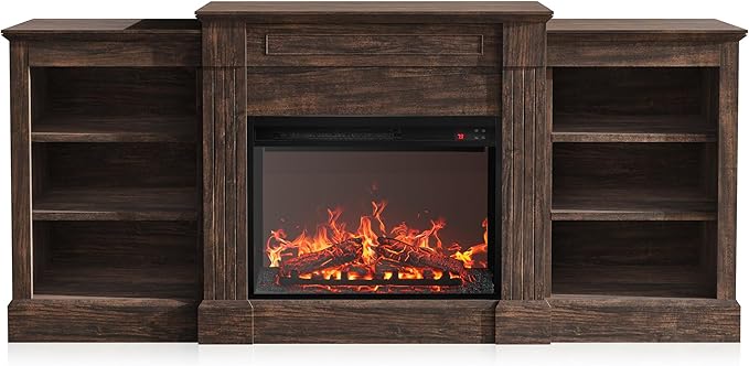 BELLEZE Modern 66" Electric Fireplace Heater Mantel TV Stand & Media Entertainment Center for TVs up to 66" with Energy-Efficient Heater with Sound and Side Shelves - Lenore (Brown)