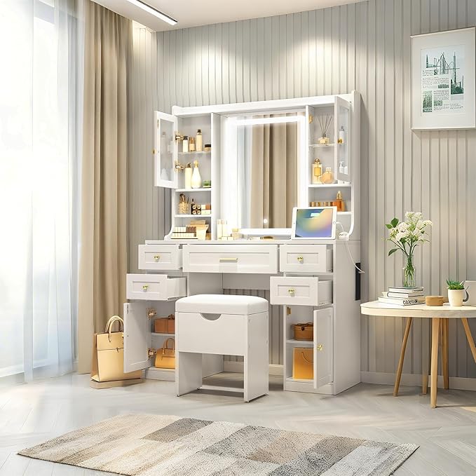 Saiveina 41.4" Makeup Vanity Desk with Mirror and Lights, Dressing Table with 4 Cabinets, 5 Drawers, Power Outlets and Cushioned Storage Stool, 3 Lighting Modes Vanity Table for Bedroom(White)