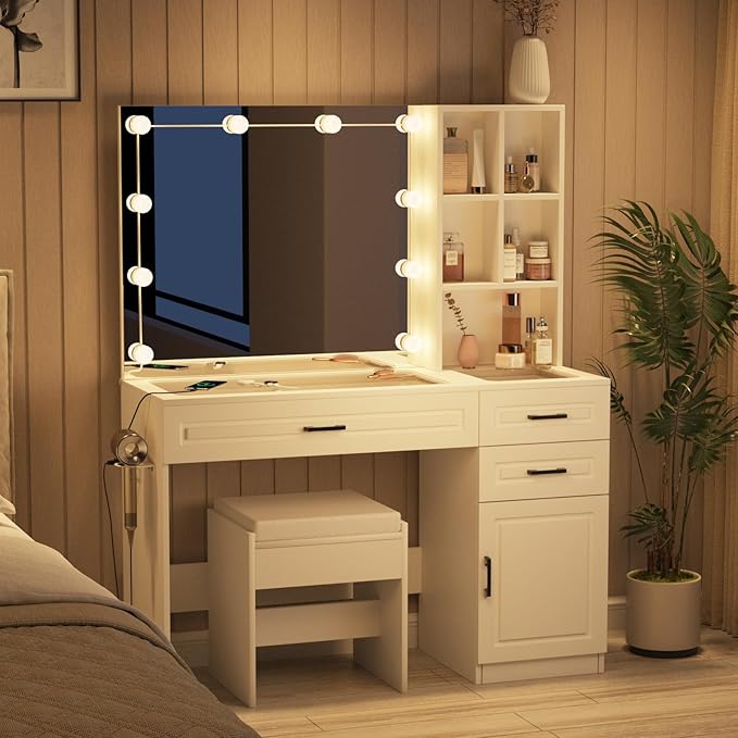 Fameill Vanity Desk with Mirror and Lights,Large Makeup Vanity with Glass top and Lots Storage,3 Drawer Vanity Set with Charging Station,3 Lighting Modes,White