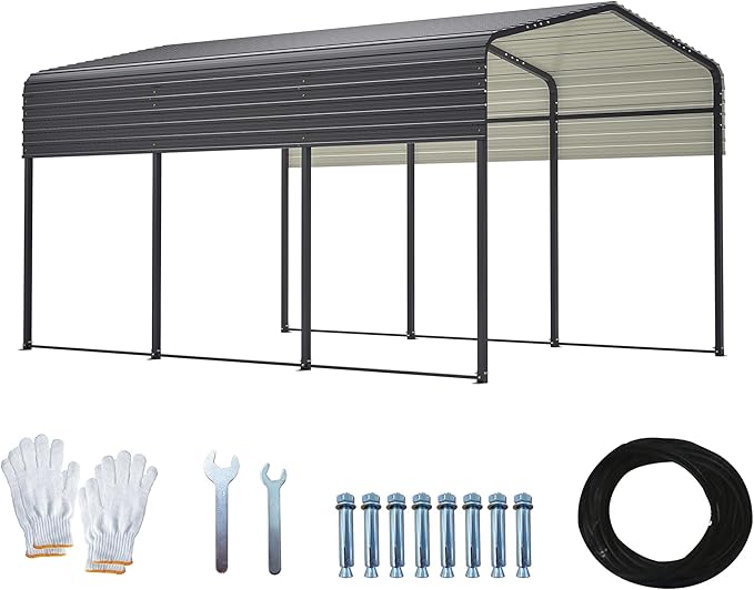 Metal Carport Kit 10x15 FT Heavy Duty Galvanized Garage Shed for Car Truck Boat Outdoor All Weather Sunshade Car Shelter with Enhanced Base Sloped Top (Black)