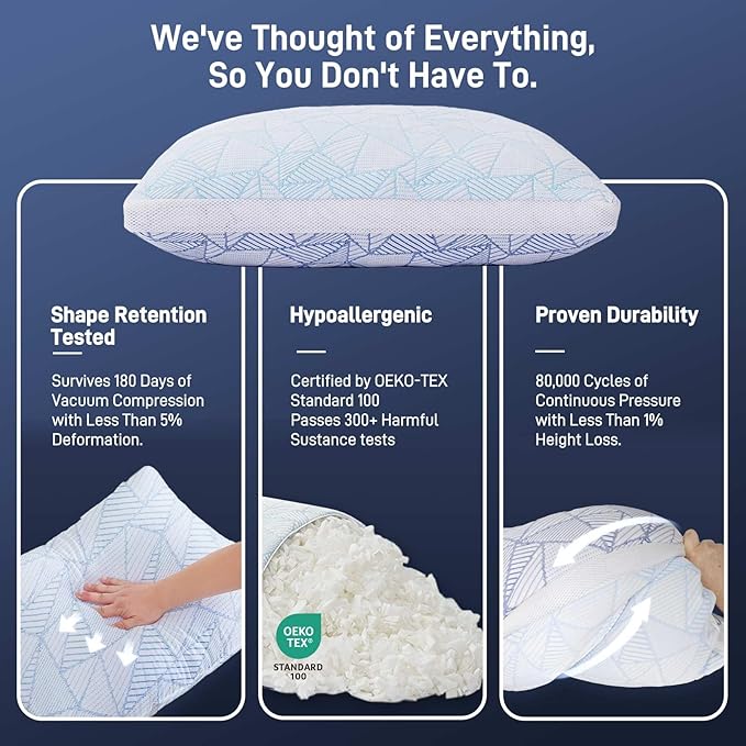 Shredded Memory Foam Cooling Soft Bamboo Viscose Pillow Queen Size, Adjustable Hypoallergenic Hotel Quality Pillow for Side, Back or Stomach Sleeper, Oeko-TEX Certified