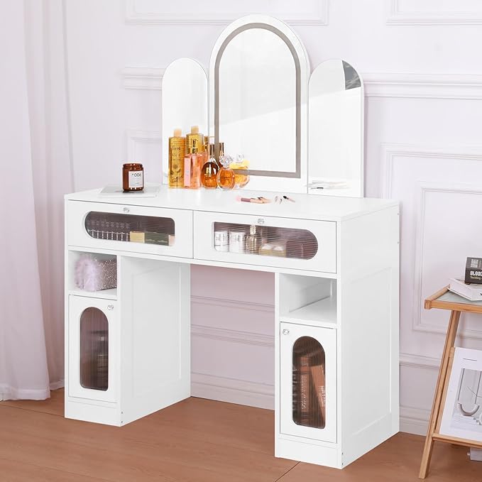 Vanity Desk with Arched Tri-Fold Mirror, Dimmable Vanity Table, LED RGB Makeup Vanity with 2 Drawers, 2 Open Storage Area & 2 Cabinets, Gifts for Girls/Women, Dressing Table (White)
