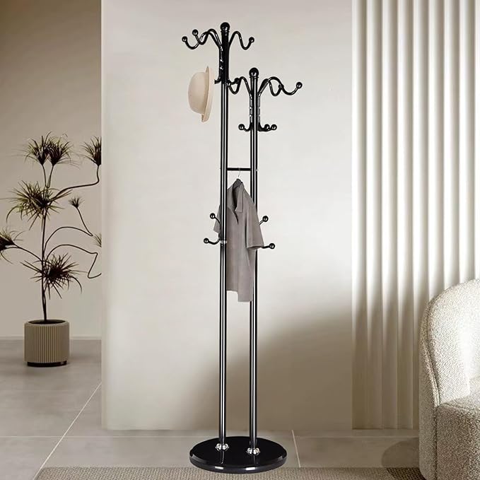 Coat Rack with Natural Marble Base, Metal Modern Coat Racks Freestanding, Coat Rack Stand with 12 Hooks, Coat Tree Hats Hanger Stand for Entryway, Hallway (17 Hooks-Black)
