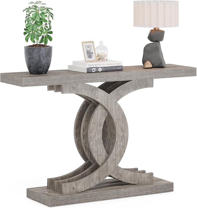 Console Tables Modern Farmhouse 39-inch Entryway Table with Geometric Base, Wooden & Metal Hallway Table for Entrance, Living Room (Grey)