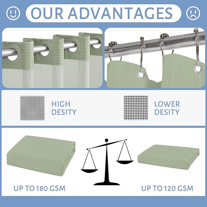 Furlinic Extra Long Waffle Weave No Hook Shower Curtain with Snap in Liner,Heavy Duty Textured Fabric Bathroom Curtains with Mesh Top Window,Waterproof & Machine Washable,Sage Green,71x96 Inch