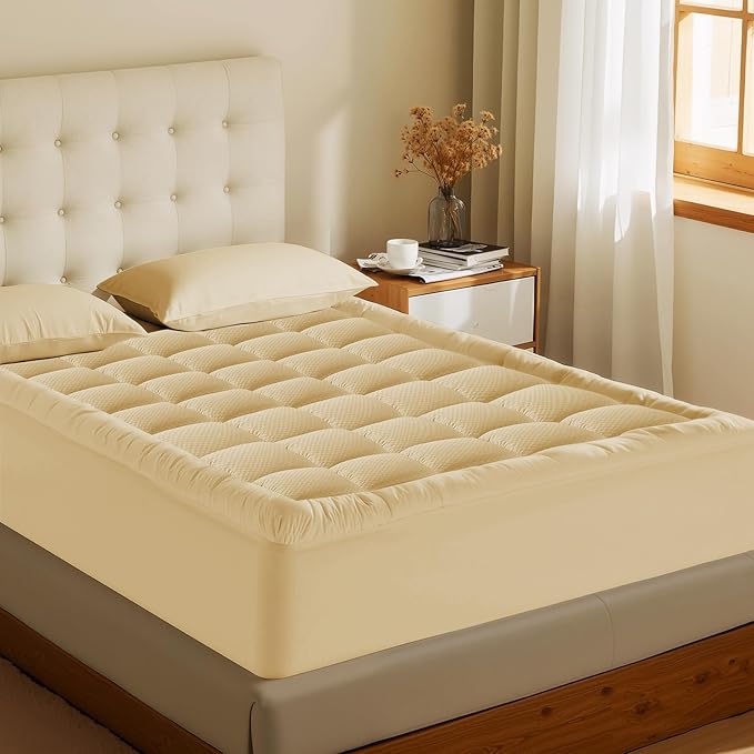 MATBEBY Twin Size Mattress Pad - Cooling Breathable Mattress Topper, Quilted Fitted Mattress Protector, Pillow Top Mattress Cover with 8-21" Deep Pocket, Soft, Machine Washable, Beige, 39x75 Inches