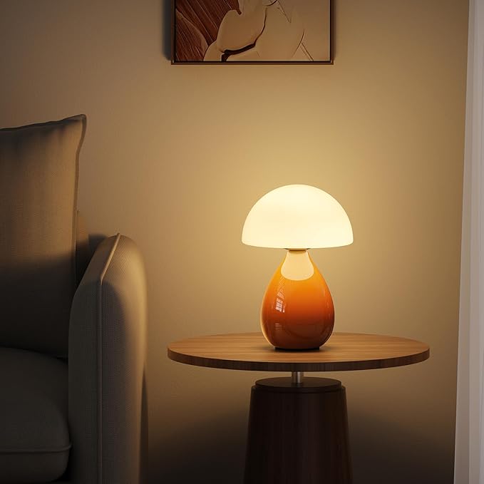 Mushroom Lamp, Mini Modern Lamp Small Vintage Table Bedside Nightstand Light, Small Light Dimmable for Bedroom, Living Room, Ceramic Base Glass Home Decor for Woman Children Gifts