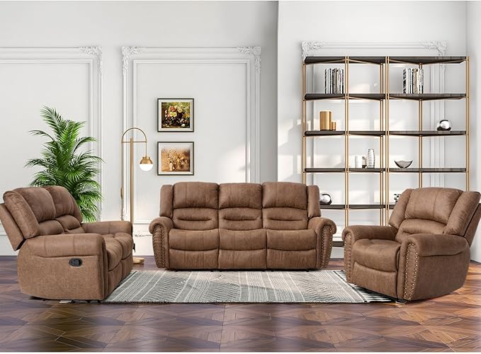 CANMOV Faux Leather Manual Reclining Sofa,3 Seat Recliner Couch Sofa with Overstuffed Comfortable Arms and Back for Living Room,Office,Nut Brown