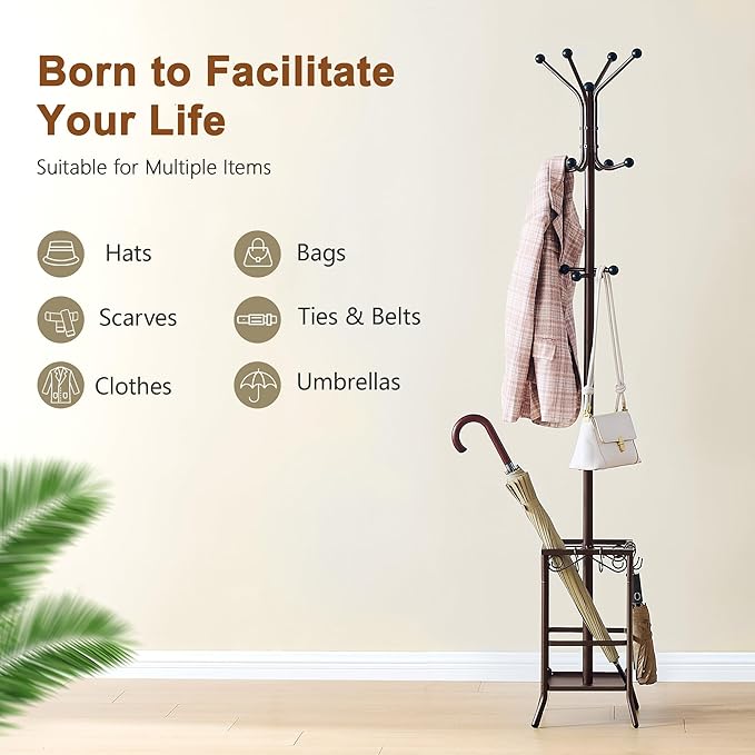 Hoctieon Coat Rack Freestanding, Coat Tree with Umbrella Holder, Metal Coat Rack Stand with 12 Hooks, Standing Coat Hanger Stand, Umbrella Stand for Entryway, Hat Rack Stand for Home Office, Brown