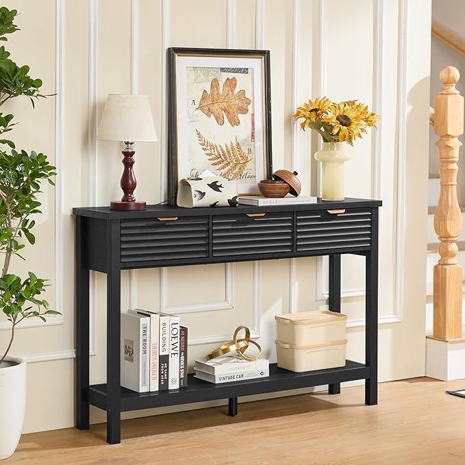 LEYAOYAO Fluted 47.2" Console Table with 3 Drawers, Modern Wood 2 Tier Entryway Table with Open Storage Shelf, Boho Sofa Entry Tables Behind Couch for Living Room, Hallway, Entrance Foyer, Black Oak