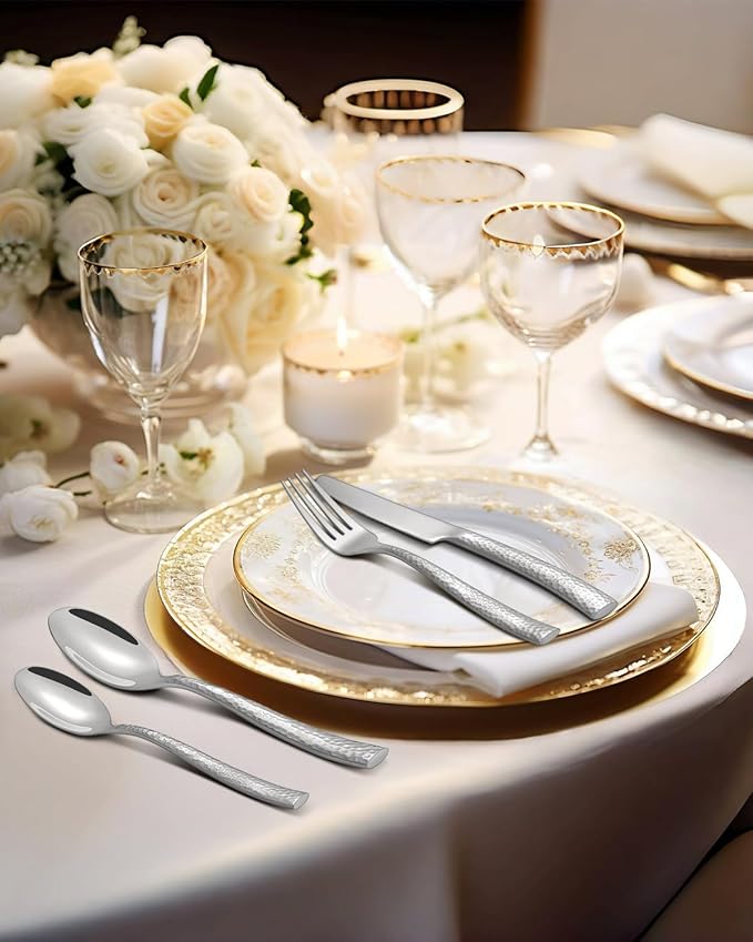 Hammered Silverware Set, Ollex 60-Piece Heavy Flatware Set for 12 Mirror Finished with Food-Grade Stainless Steel Spoons Forks Knives Dinning Utensils for Home Restaurant Cutlery Set, Dishwasher safe