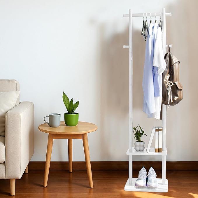 Wooden Coat Rack Stand,Heavy Duty Garment Rack with Shelves,Freestanding Clothes Rack Organizer for Entryway Bedroom Living Room(White)