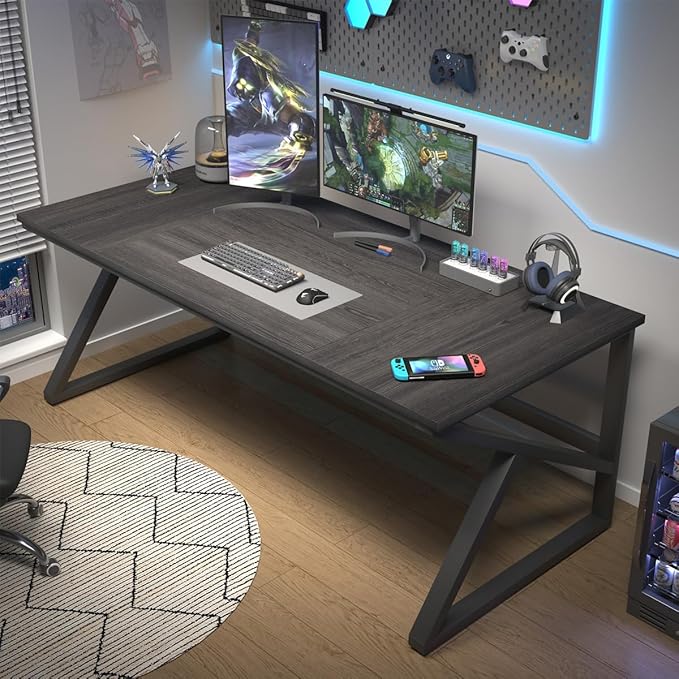 IBF Long Desks for Home Office, Large Metal Wooden Computer Desk for 2 Monitors, 70 Inch Two Person Desk for Executive Work Writing Study Gaming, Industrial Modern Big Double Desk, Dark Gray Oak