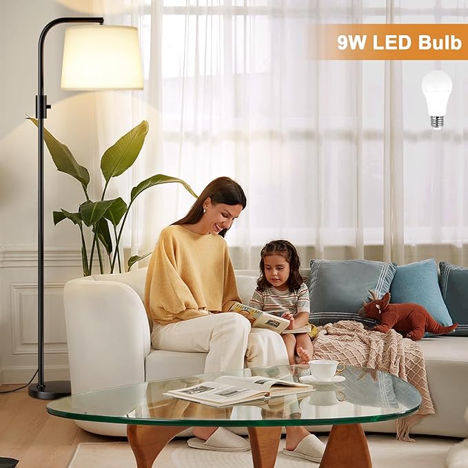 Ambimall Fully Dimmable Floor Lamp - Floor Lamps 9W LED Light Bulbs, Standing Lamps for Living Room with Adjust Head, Modern Standing Light Rotary Switch, Tall Lamp for Bedroom (Black and White)