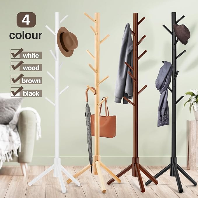 2 PCS Coat Rack, Freestanding Coat Rack with 8 Hooks and 3 Adjustable Size Tree Coat Racks for Bedroom, Hallway, Entrance, Office, for Hats, Coats, Scarves, Handbags