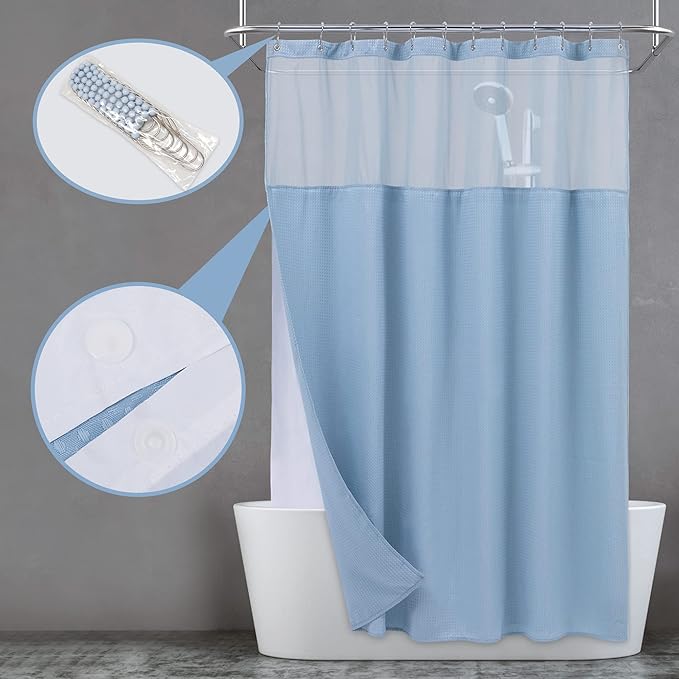 N&Y HOME Waffle Weave Shower Curtain with Snap-in Fabric Liner & Hooks Set - Hotel Style, Waterproof & Washable, Heavyweight Fabric & Mesh Top Window - 71x72, Blue